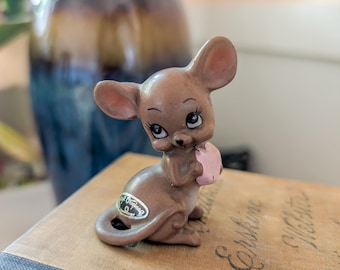 Vintage Josef Originals Kitschy Brown Ceramic Mouse Figurine with Pink Sweetheart - &quot;I Love You&quot;
