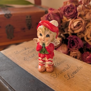 Vintage 50's Lefton Japan Kitschy Christmas Pixie Angel with Candy Cane Socks Ceramic Figurine
