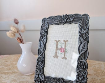 Vintage Completed Monogrammed &quot;H&quot; in Pewter Roses Picture Frame