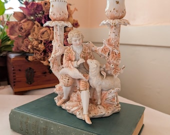 Antique ca. 1877-1894 Volkstedt Triebner, ENS & Eckert Figural Boy with Lamb Porcelain 2-Arm Candelabra - 7.5"