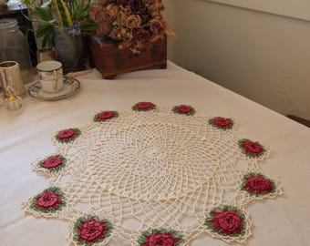 Vintage Cottagecore Christmas Rose Crochet Doily Round Table Topper - 18"