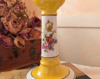 Antique Art Deco RCW Bavaria Germany Porcelain Hand Painted Bright Yellow Floral Taper Candlestick Holder - 6.25"