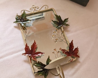 Vintage Cottagecore Tole Style Metal Fall Maple Leaf Accent Wall Mirror Tea Light Candle Holder Sconce
