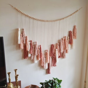 Warm blush pink and mauve yarn tassel wall hanging / Earth tone fiber art / Boho wall decor / Girls Nursery / Tassel garland image 2