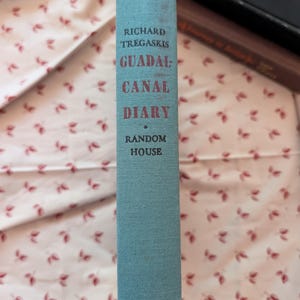 Vintage 1943 WWII US Marines Book - Guadalcanal Diary by Richard Tregaskis - Teal blue cloth hardcover with US Marine Corp Emblem