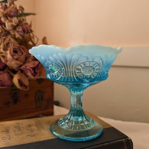 May include: A vintage, light blue glass pedestal bowl with ornate detailing. The bowl features a scalloped rim and a decorative pattern. It is displayed on a stack of old books, with dried flowers in the background. The bowl is approximately 6 inches tall.
