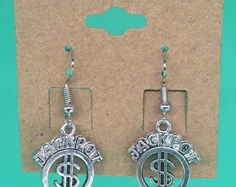 Jackpot Gambling Silver Metal Earrings