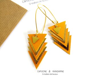 Triangle - Golden saffron yellow leather earrings