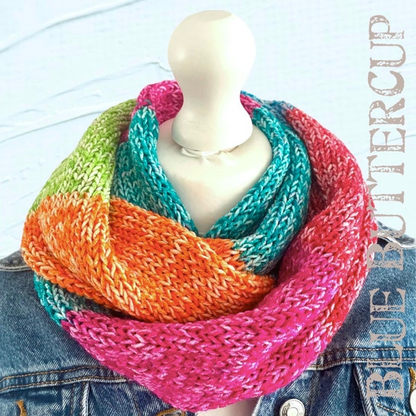 Knitted infinity scarf, double loop neck warmer. Medium weight scarf, bright and bold colours- vegan.