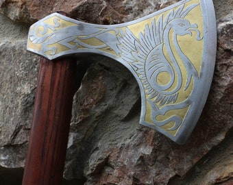 Viking Axe Golden Etched Griffin, Hand Forged Old Norse Weapon
