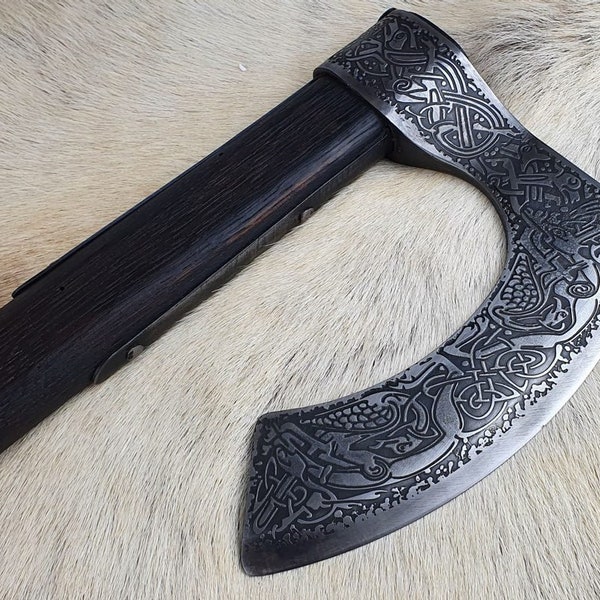 Etched Bearded Viking Axe. Hand Forged Axe. Authentic Old Norse Axe For Sale. Medieval Hatchet Lothbrok
