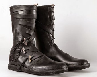 Handcrafted Black Leather Viking Boots - Authentic Norse Style Footwear