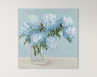 White and blue hydrangeas, impressionist floral art, 24 x 24 original painting