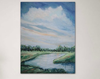 Impressionist lake landscape art, Waterscape, 40h x 30w original painting