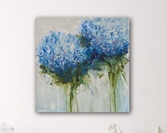 Blue hydrangeas, impressionist floral art, 12 x 12 original painting