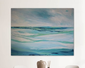 Modern coastal art, serene seascape, 48w x 36h original painting