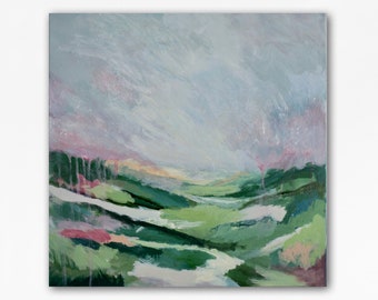 Green abstract landscape art, Ireland landscape, 20 x 20 original painting, hills and valleys
