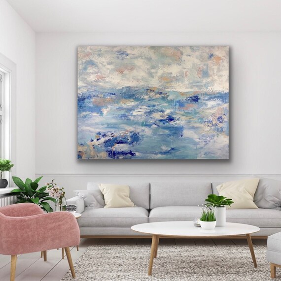 Abstract seascape, pastel painting, cobalt ocean horizon, 48w x 36h original art