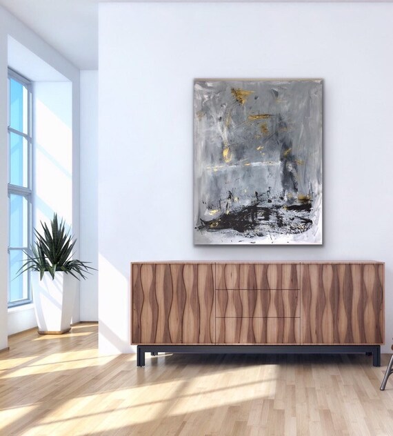 Abstract gray, black & gold, abstract music art, metallic gold art, 24w x 30h original painting