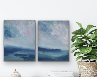 Set of 2 seascapes,  Small Modern ocean diptych, 28w x 18h original art