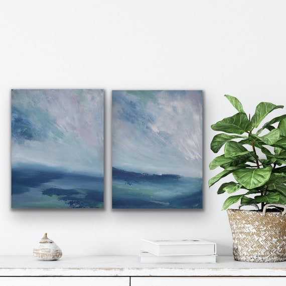 Set of 2 seascapes,  Small Modern ocean diptych, 28w x 18h original art