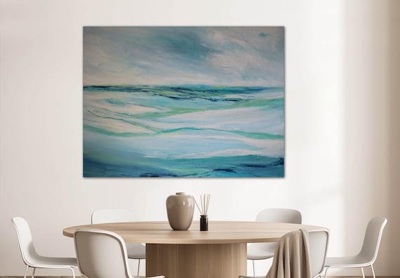 Modern coastal art, serene seascape, 48w x 36h original painting