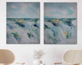 Set of 2 Abstract seascape, serene ocean art, 48w x 30h original painting