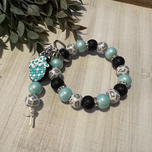 Handmade Blue Beaded Wristlet Keychain | Cowboy Hat Charm