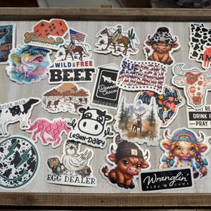 Könnte beinhalten: Eine Sammlung bunter Aufkleber mit verschiedenen Designs, darunter Tiere, Text und Illustrationen. Einige der Aufkleber zeigen Kühe, einen Fisch, ein Reh und ein Huhn. Die Aufkleber sind auf einer Holzoberfläche angeordnet.