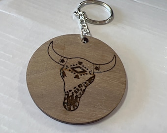Engraved Wood Keychain | Western Aztec Bull Skull