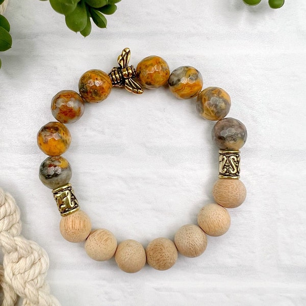 Crazy Lace Agate + Sandalwood Gemstone Bracelet, Essential Oil Diffuser Jewelry, Handmade Stretchy Bracelet, One Of A Kind Aromatherapy Gift