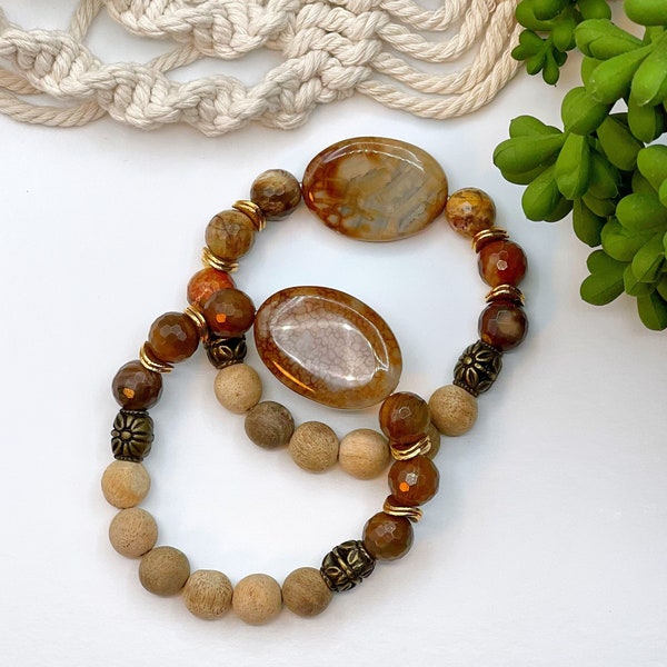 Agate + Petrified Fossil Wood + Sandalwood Gemstone Bracelet, Essential Oil Diffuser, Handmade Stretch Bracelet, Unique Mothers Day Gift