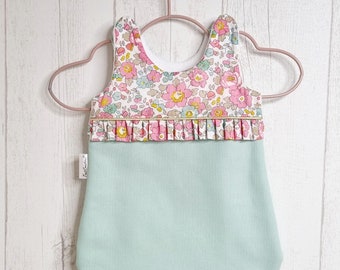 Ruffled baby sleeping bag in cotton and Liberty Betsy Cupcake, available in several sizes