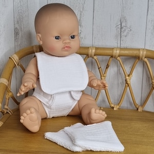 Double gauze diaper, bib and wipes for baby dolls, color of your choice, available in several sizes