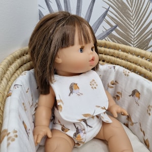 Double gauze diaper, bib and wipes for baby dolls with bird patterns available in several sizes