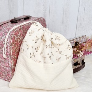 Pochon à lien doublé en double gaze de coton motif branches, disponible en 3 tailles et personnalisable