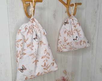 Pochon à lien doublé en coton imprimé motif papillons, disponible en 3 tailles et personnalisable