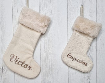 Personalized double gauze and faux fur Christmas sock, stocking, boot