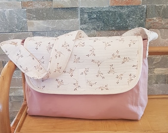 Changing bag for doll in cotton and double gauze customizable branch pattern