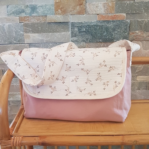 Sac à langer pour poupée en coton et double gaze motif branches personnalisable