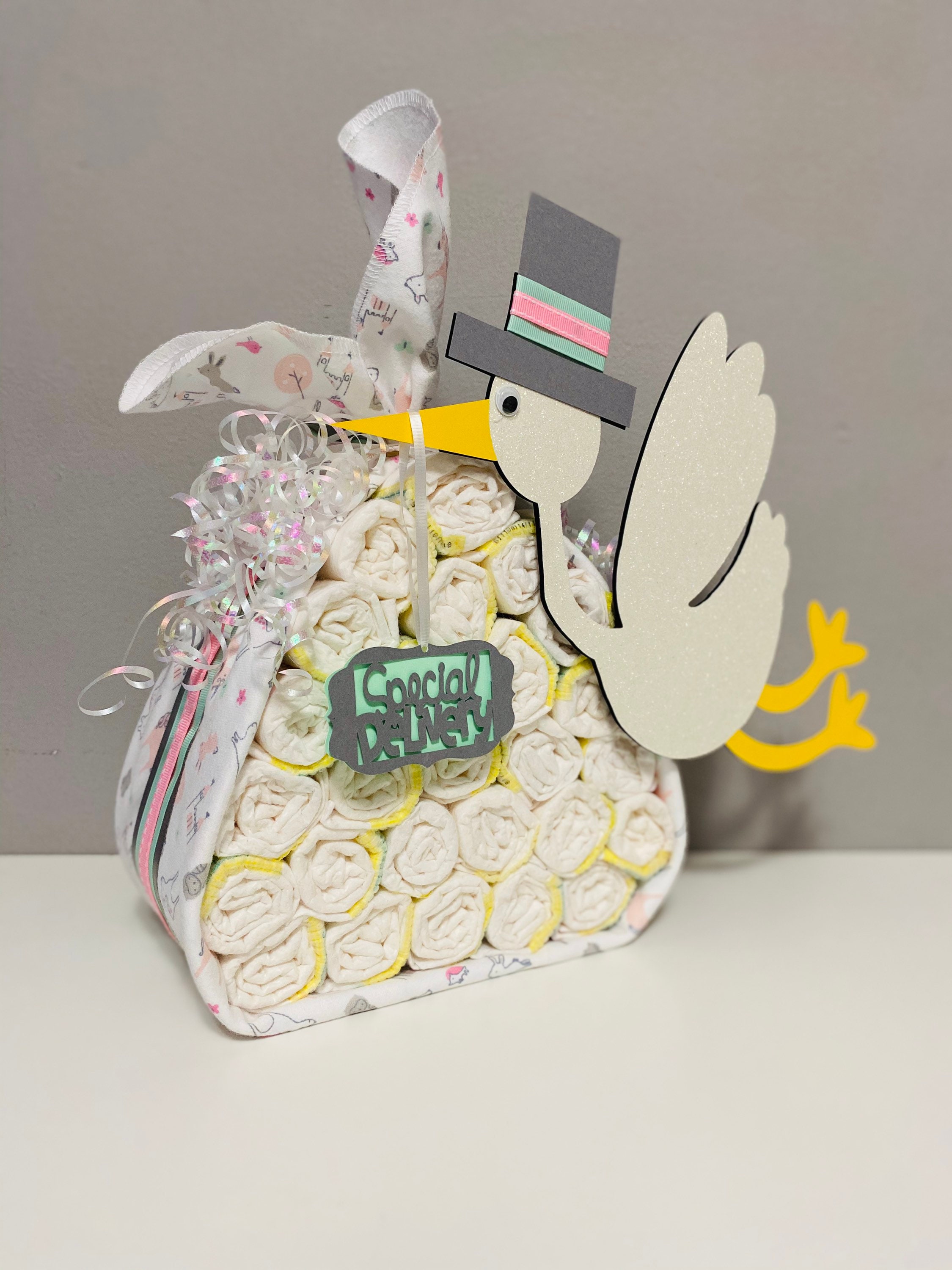 SPECIAL DELIVERY STORK Diaper Cake Assembled/kit Baby Girl Centerpiece ...