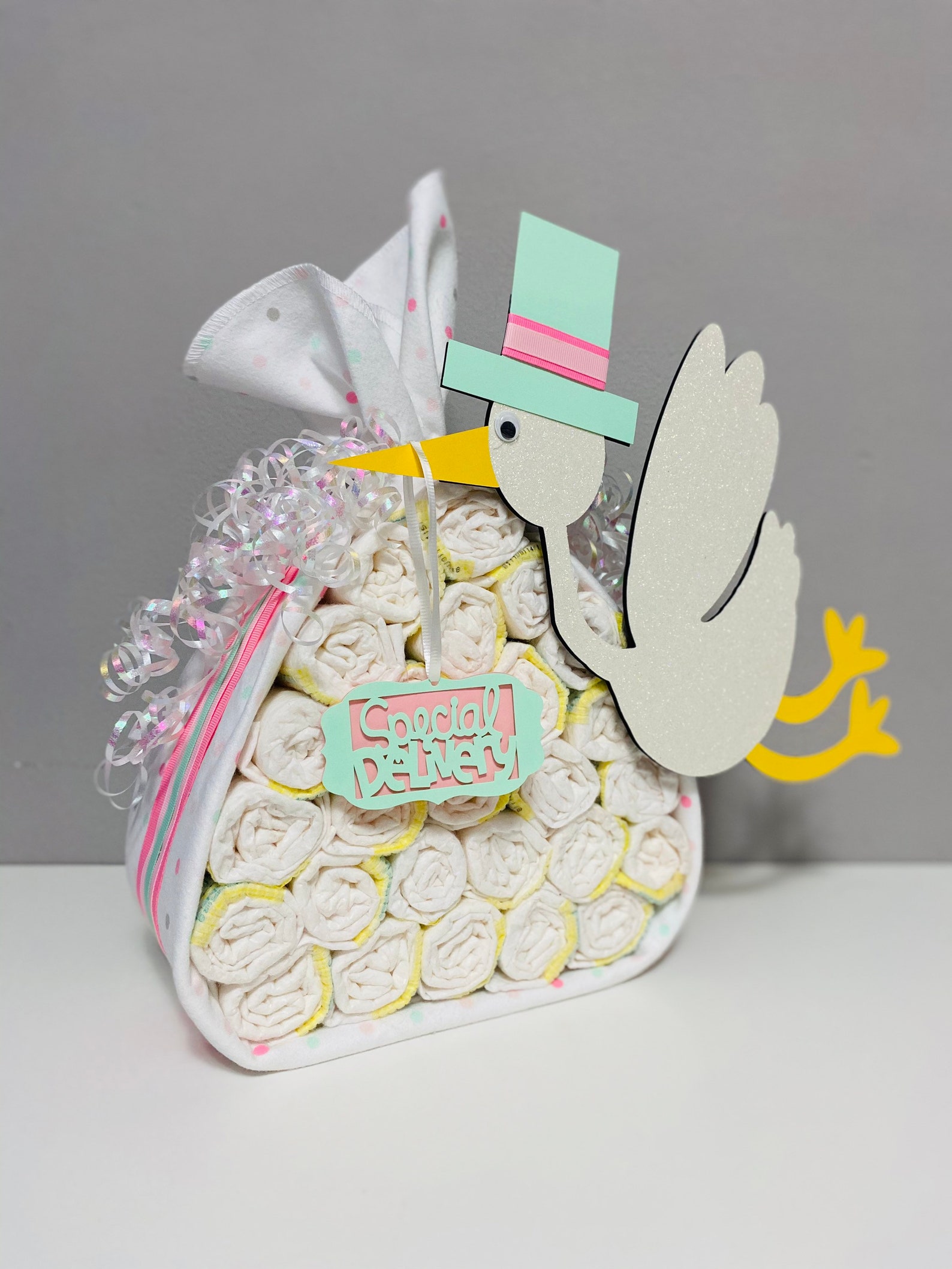 SPECIAL DELIVERY STORK Diaper Cake Assembled/kit Baby Girl Centerpiece ...