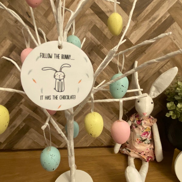 Follow the bunny it has chocolate , Easter bunny ceramic decoration , Easter tree decoration line drawn bunny keepsake