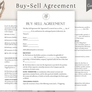 Editable Buy–Sell Agreement Form template, Business Purchase Agreement, Ownership Transfer Document, Customizable Legal Document, PDF, Canva