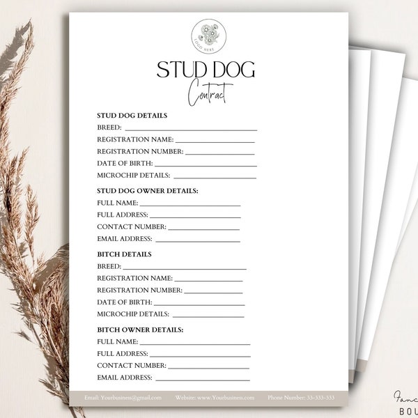 Stud Dog Contract, Breeding Contract for Stud Dog Services ,Stud Dog Breeding Contract Template, Stud dog contract forms, Canva