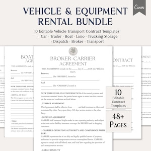 Könnte beinhalten: Ein digitales Bündel aus 10 bearbeitbaren Mietvertrags-Vorlagen für Fahrzeuge und Ausrüstung, darunter Verträge für Autos, Anhänger, Boote, Limousinen und LKW-Lagerung. Die Dokumente umfassen insgesamt über 48 Seiten mit rechtlichen Formularen.
