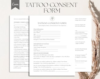 Plantilla de formulario de consentimiento para tatuajes, formulario de autorización y exención de responsabilidad para tatuajes (PDF, Canva)