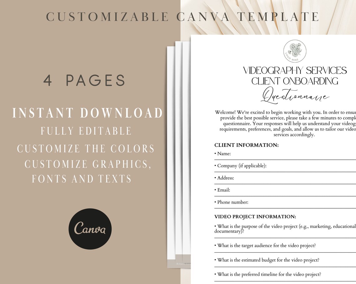 Videography Services Client, Onboarding Questionnaire, Questionnaire