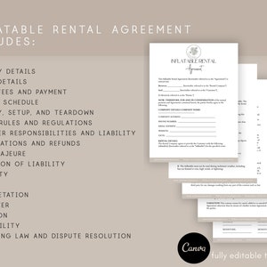 May include: A printable template for an inflatable rental agreement. The agreement includes sections for company details, rental details, rental fees and payment, payment schedule, delivery, setup, and teardown, safety rules and regulations, customer responsibilities and liability, cancellations and refunds, force majeure, limitation of liability, indemnity, breach, interpretation, no waiver, variation, severability, and governing law and dispute resolution.