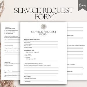 May include: A printable service request form with sections for priority, additional information, authorization, requester information, service details, description of service needed, location, and signature. The form is designed for requesting services and includes fields for details such as urgency, type of service, and location.
